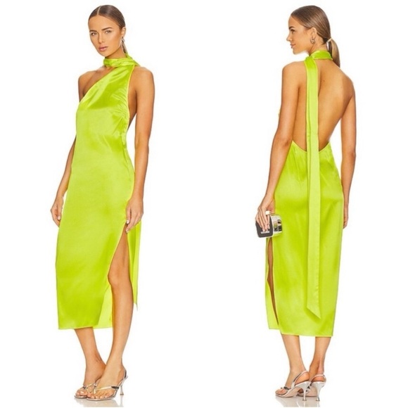 SER.O.YA Marissa Silk Dress in Neon Lime - Picture 2 of 9